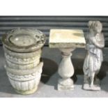 A concrete figure, Susanna, bathing, a birdbath, and pair of planters
