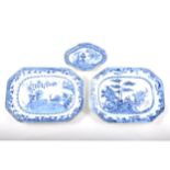 Chinese porcelain blue and white dish, together with a similar dish and a stand