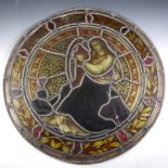 A Victorian stained and leaded glass roundel, a harpist,