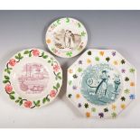 A Staffordshire nursery plate, Steamboat, Goodwins & Harris, 1830's; and two other plates