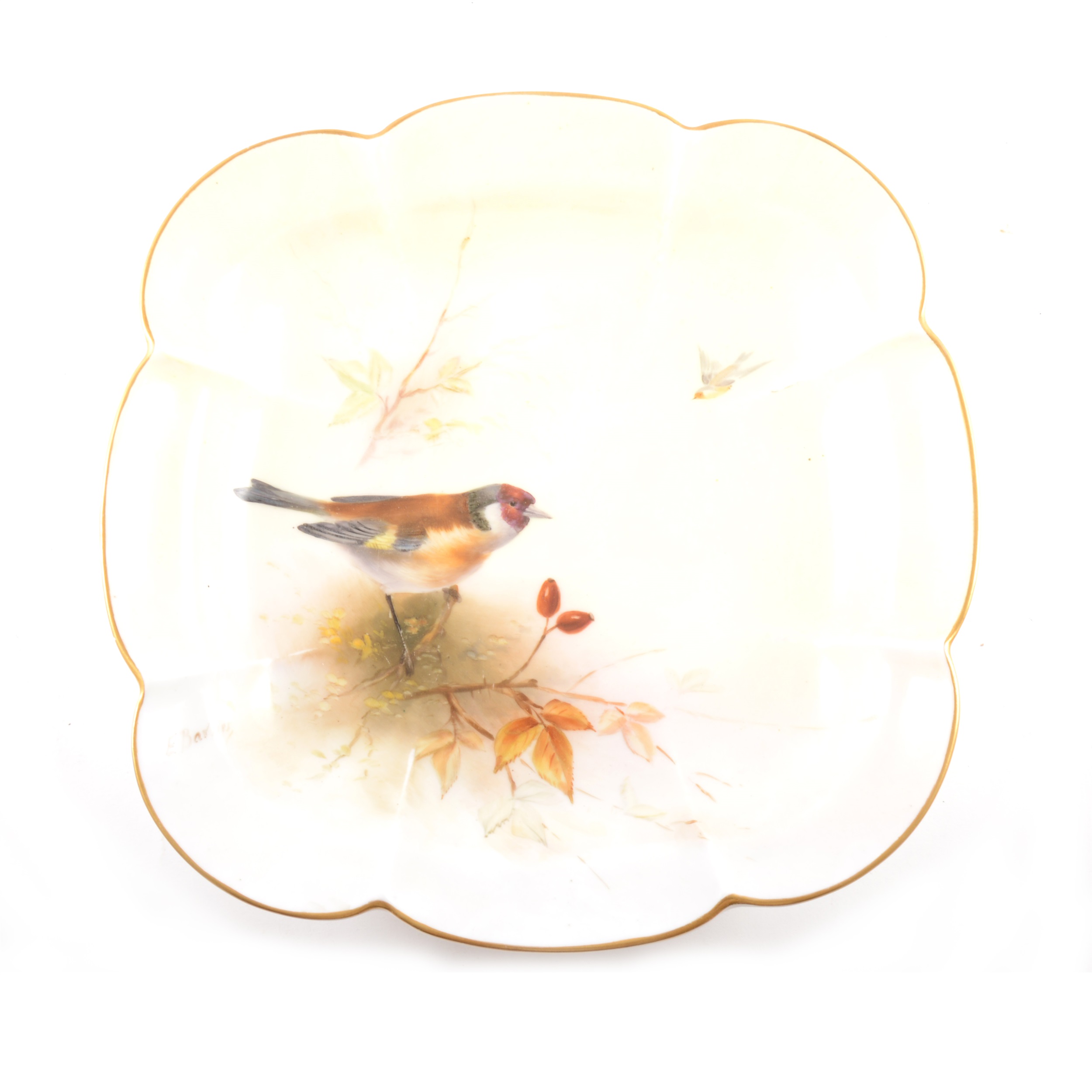 A Royal Worcester shallow dish, date mark for 1921, painted with a Goldfinch, ...