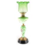 A green tinted opaque glass oil lamp, ...