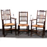 A matched set of seven Lancashire type spindle-back dining chairs