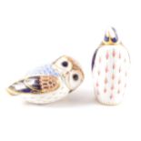 A Royal Crown Derby paperweight, modelled as a Penguin, and an Owl