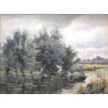 Edward Davies, Country landscape with couple in a boat, watercolour,