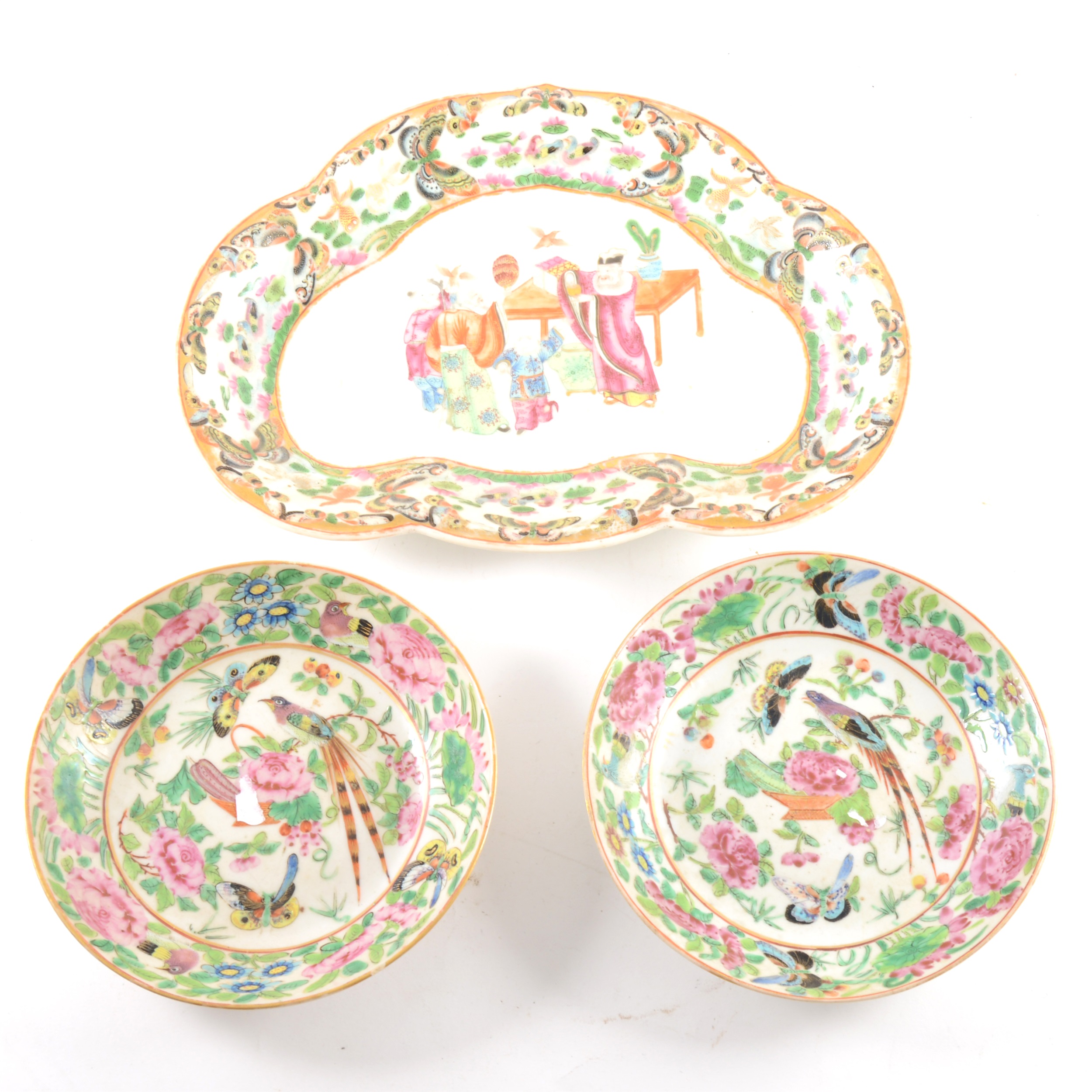 A Cantonese famille rose dish, and similar pair of saucers