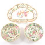 A Cantonese famille rose dish, and similar pair of saucers