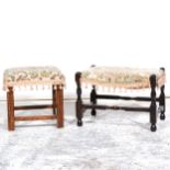 A small oak footstool, machine floral tapestry top, turned legs and rails, 45cm x 31cm; and a small