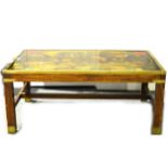 Contemporary mahogany coffee table, the top inset with a printed map, brass mounts, 103cm.