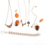 A small collection of white metal and modern amber jewellery