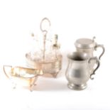 A quantity of plated and pewter wares, including a five bottle cruet and Sheffield plate stand