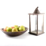 Old turned wood bowl with fruit, and a hall lantern