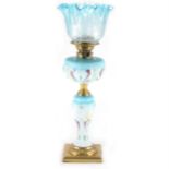 A blue opaque glass oil lamp, ...