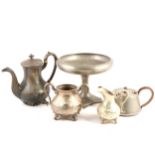 Quantity of pewter and plated tea sets and table ware, including a Tudric jug and tazza