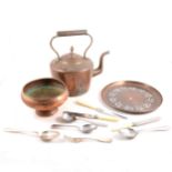 Hugh Wallace, beat copper and silver-plated tray,, and other metal wares.