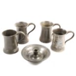 Four 1 pint Victorian pewter tankards, stamped Morgan & Gaskell, a pewter inkwell and pen stand,