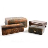 A dome-topped Tunbridge ware glove box (AF), Victorian rosewood and brass casket, and two leather