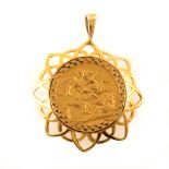 A Full Sovereign pendant, Victoria Veiled Head 1898 in a 9 carat yellow gold mount.