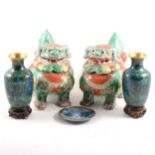Pair of modern Chinese temple lions, and three pieces of modern cloisonné.