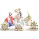 Six Royal Doulton figurines, three Coalport cottages, and a Lladro group.