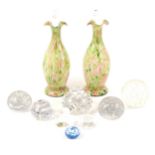 A pair of flecked glass vases with handles, ...