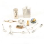 A tray of small collectables, a silver-plated engine turned hip flask, 10cm, a circular silver