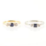 Two sapphire and diamond three stone rings.