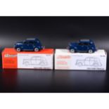 Somerville 1:43 scale white metal models; two no.145 1950 Ford Prefect, both in dark blue, boxed.