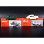 Somerville 1:43 scale white metal models; no.119 Saab 92 in green, no.119A Saab 92 'Rally' in cream,