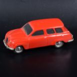 A Somerville wooden mock-up prototype of the no.123 Saab 95 Estate, painted red with rubber tyres,