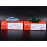 Somerville 1:43 scale white metal models; two no.146 Saab 96 (1960), in green and blue, boxed.