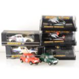 Scalextric slot-car racing; seven model cars and motorbikes, with track.