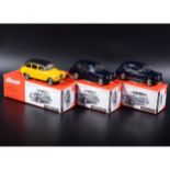Somerville 1:43 scale white metal models; three no.100A and no.100 Austin FX4 taxi, in blue, dark
