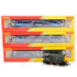 Hornby OO gauge model railway; three Intercity passenger coaches and a D4174 diesel shunter
