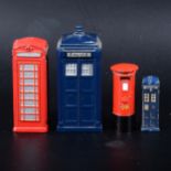 Four Dinky and others telephone boxes and post box.