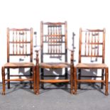 A Harlequin set of eight Lancashire type spindle-back ash and fruitwood chairs, ...