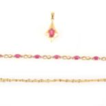 A Burmese ruby bracelet , a ruby pendant and a yellow metal chain.