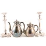 A pair of 31cm silver-plated candlesticks, coffee pot and teapot, cased set of fish servers with