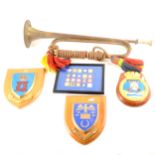 A bugle by Mayers and Harrison, Regimental plaques, buckles etc