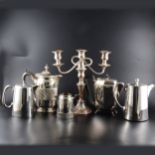 A quantity of silver-plated, pewter and brass items, including three tankards engraved "Angel Hotel