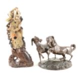 Bronze animalier group, modelled with two horses, and carved soapstone Chinese figure