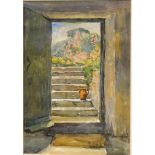 English School, Garden steps, watercolour, and another of a country house
