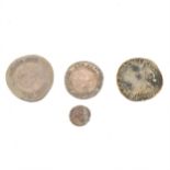 Edward VI Silver Shilling (badly worn); Elizabeth I Shilling (drilled); Elizabeth I Sixpence and