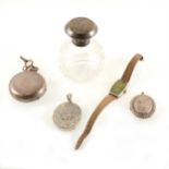 Two silver lockets, silver wrist watch, silver topped perfume bottle, open face pocket watch.