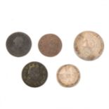 George III Lima silver Half Crown, 1745; Lima Sixpence, 1746; George II Shilling, 1758; George I and