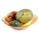 A moulded glass fruit bowl, a collection of Penkridge ceramic fruit and wooden fruit.