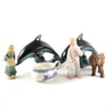 A collection of ceramics and glass, including two Poole dolphins,