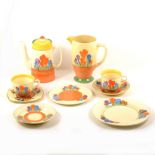 Clarice Cliff - Crocus design large jug 18cm, coffee pot 16cm, two cups and saucers, three side