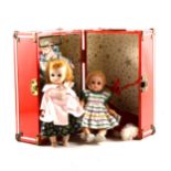 Madame Alexander Kins fashion doll, one similar with clothing and carry case.