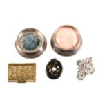A collection of vintage costume jewellery and two silver specimen crystal holders.